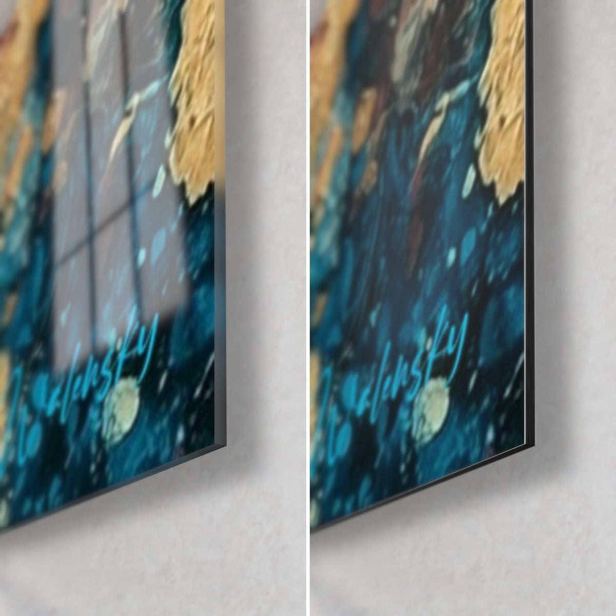 Tableau danseuse en robe bleu nuit, coin bas droit : verre acrylique brillant à gauche, alu Dibond mat à droite, tranche 3 mm