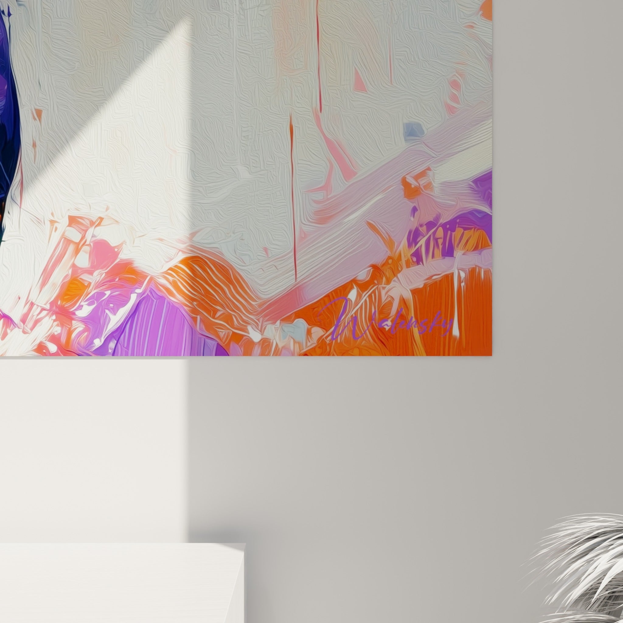 Empâtements orange et violets se mêlant à la peau claire, matière peinte visible sur la toile de la danseuse