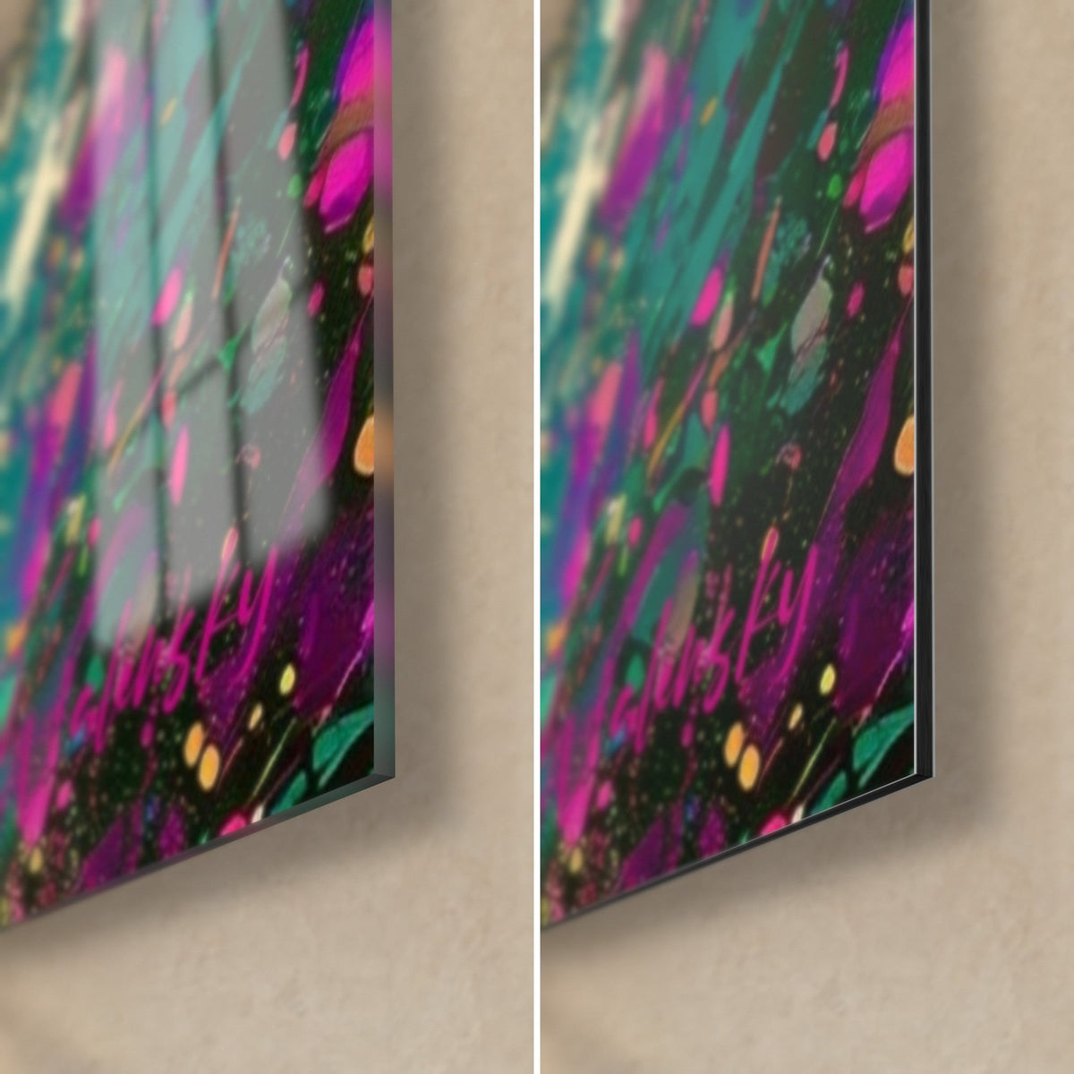 Tableau danseuse aux bras ouverts, coin bas droit : éclats magenta et turquoise, verre brillant à gauche, Dibond noir mat à droite, tranche 3 mm