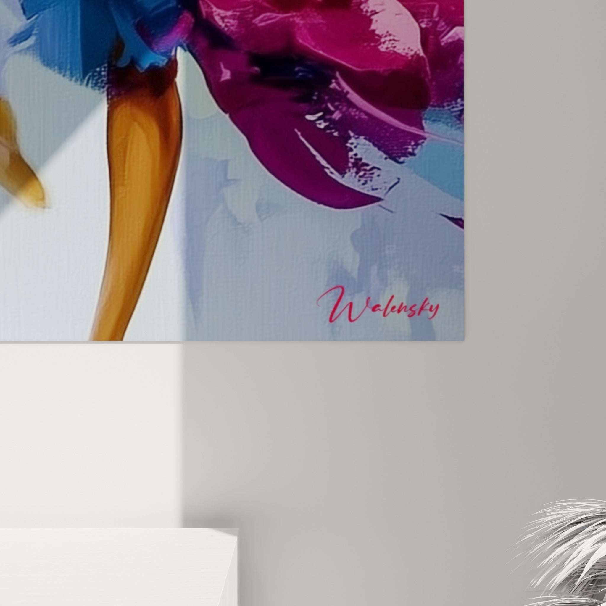 Empâtements colorés en fuchsia et orange se mêlant sur la toile du tableau danseuse abstrait, grain visible de la matière peinte