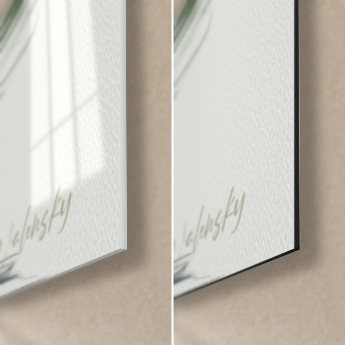 Tableau danseuse en robe vert profond, coin bas droit : verre acrylique brillant à gauche, alu Dibond mat blanc à droite, tranche de 3 mm