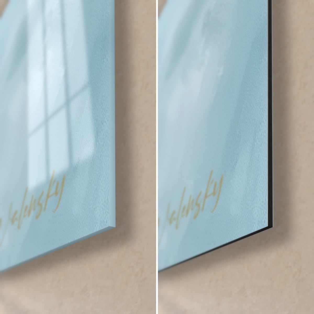 Gemälde Frau im zinnoberroten Kleid, untere rechte Ecke: glänzendes Acrylglas links, mattschwarzes Dibond-Aluminium rechts, 3 mm Kante