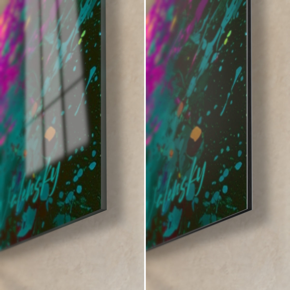 Schilderij ballerina bespat met magenta, rechtsonder: glanzend glas dat een raam weerspiegelt, mat zwart Dibond, rand van 3 mm