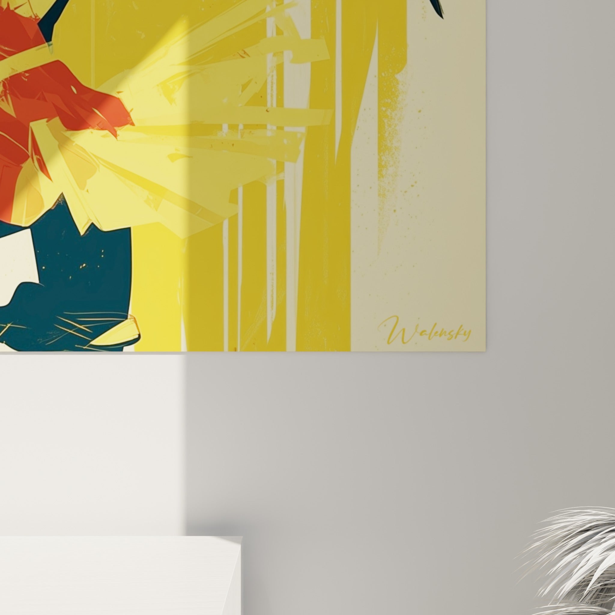 Empâtements graphiques rouge brique et jaune moutarde visibles de près sur ce tableau danseuse abstrait accroché