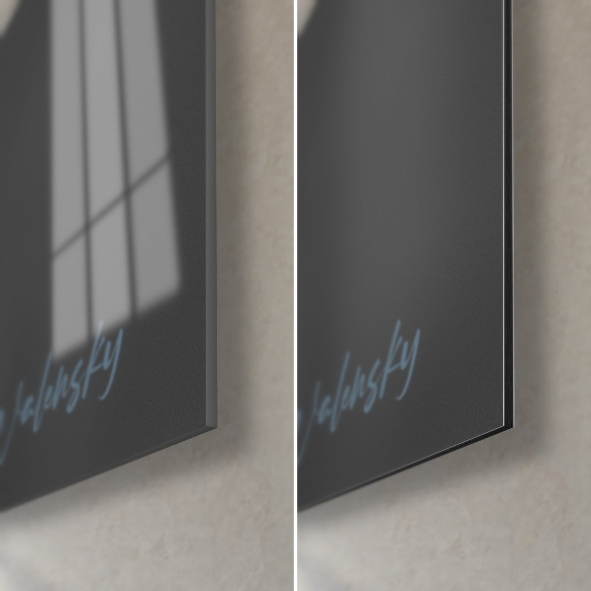 Gemälde Tänzerin in einem bestickten schiefergrauen Kleid, untere rechte Ecke: glänzendes Acrylglas links, mattes Dibond-Aluminium rechts, 3 mm Kante