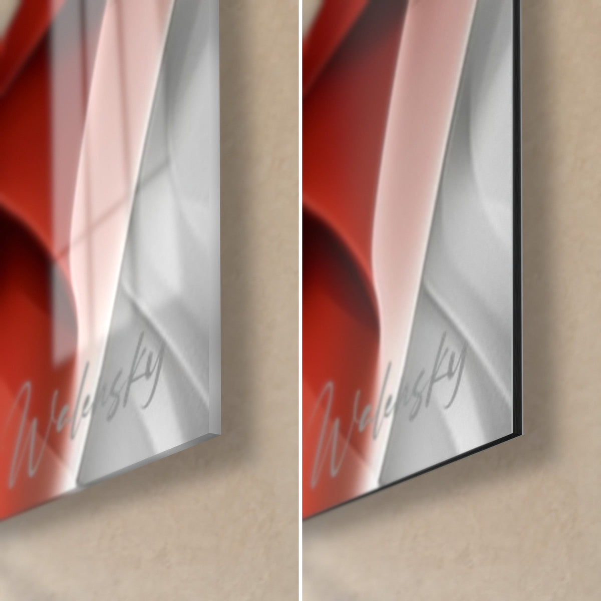 Tableau danseuse en robe rouge, coin bas droit : verre acrylique brillant à gauche, alu Dibond mat noir à droite, tranche de 3 mm