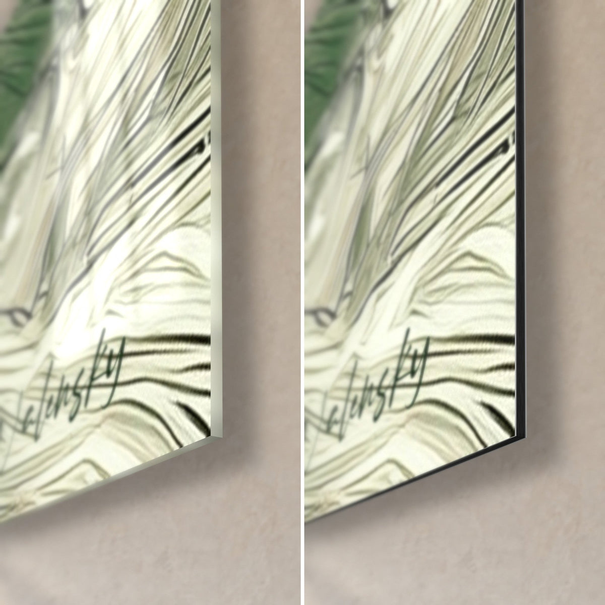 Tableau ballerine au voile ivoire et vert, signature Walensky, coin bas droit en verre brillant et Dibond mat noir