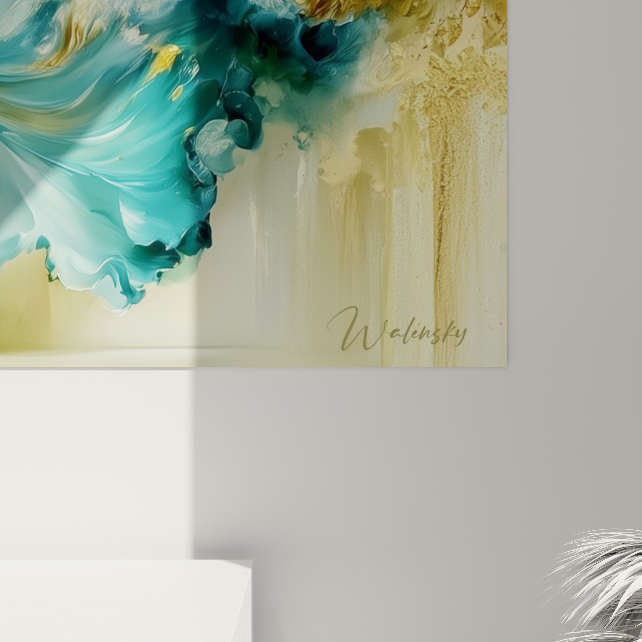 Empâtements et reflets dorés de la Danseuse abstrait, matière turquoise et beige vue de près sur la toile