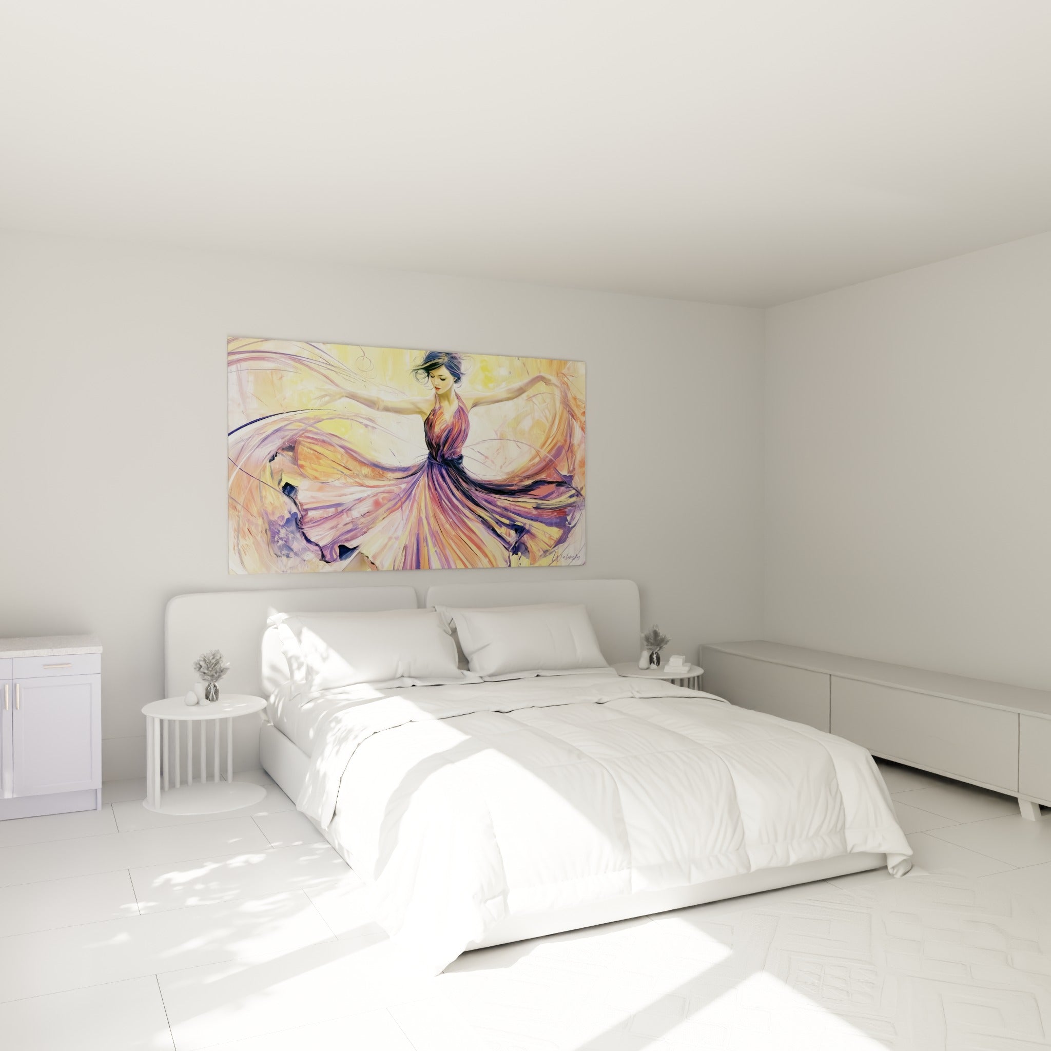 Silhouette de danseuse violette et orange au-dessus d'un lit dans une chambre claire