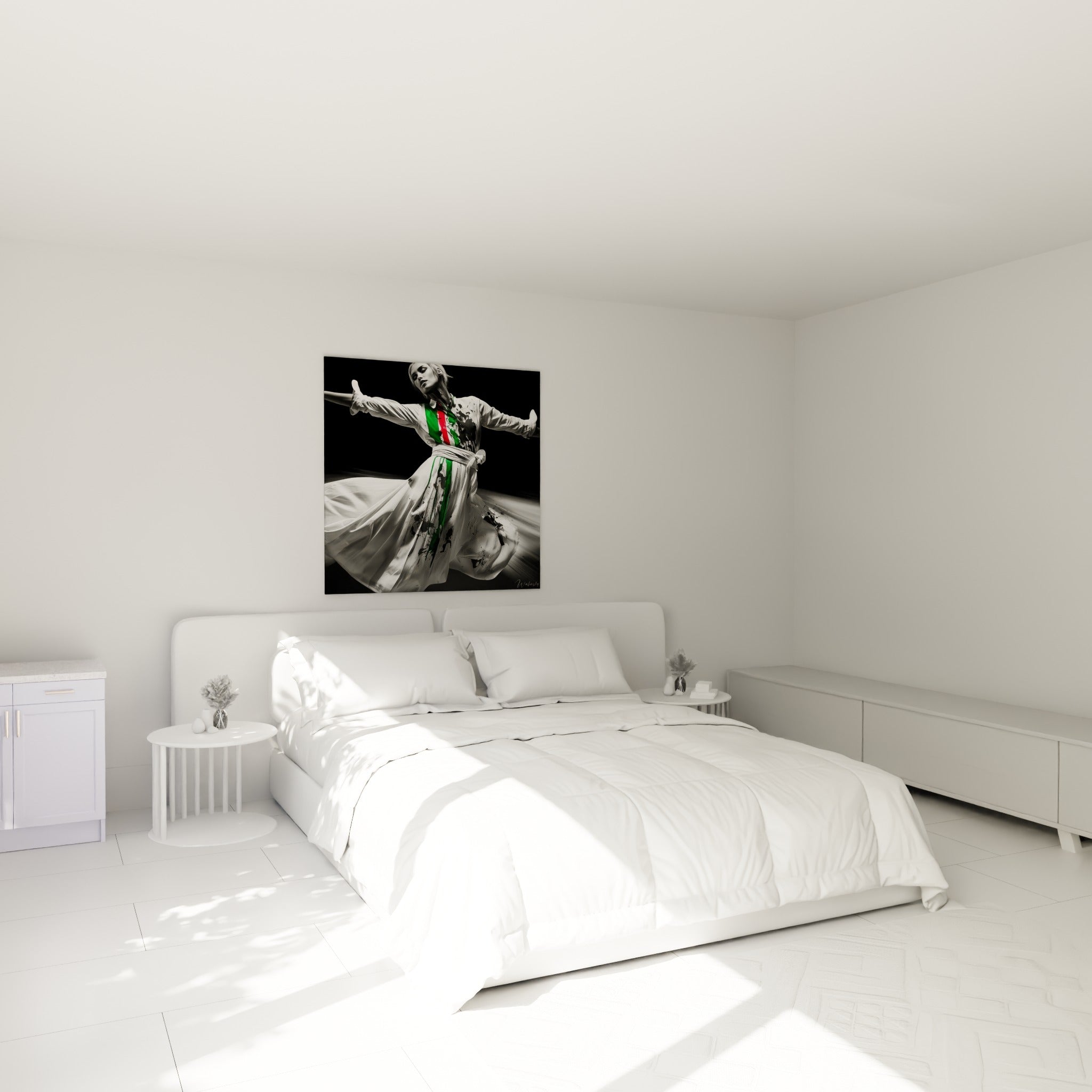Silhouette de danseuse en mouvement, tissu blanc et touches vertes, au-dessus d'un lit dans une chambre claire