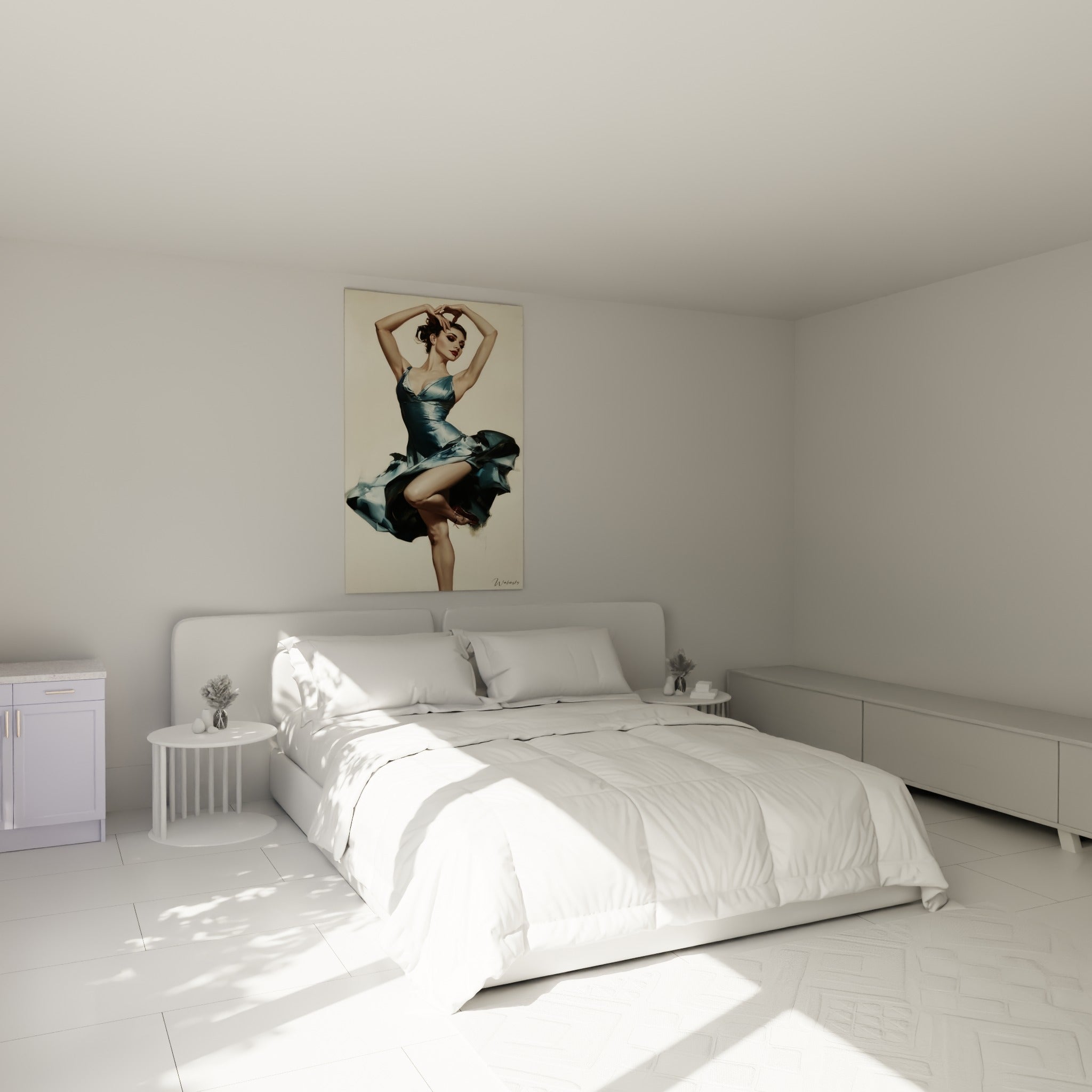 Silhouette gracieuse en robe bleue tourbillonnante d'une danseuse abstraite au-dessus d'un lit dans une chambre claire