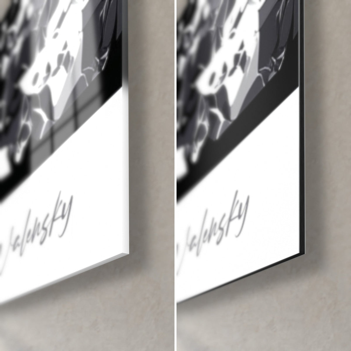 Schilderij van een danseres in zwart-wit, rechtsonder: grijze signatuur, glanzend acrylglas links, mat zwart Dibond rechts
