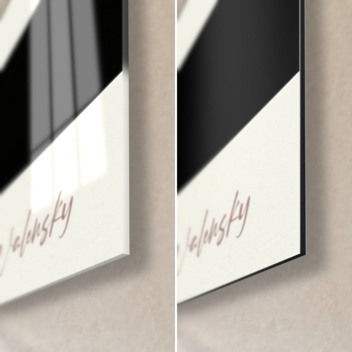 Wall art silhouette of an arching dancer, bottom right corner: glossy acrylic glass on the left, matte black Dibond on the right, 3 mm edge