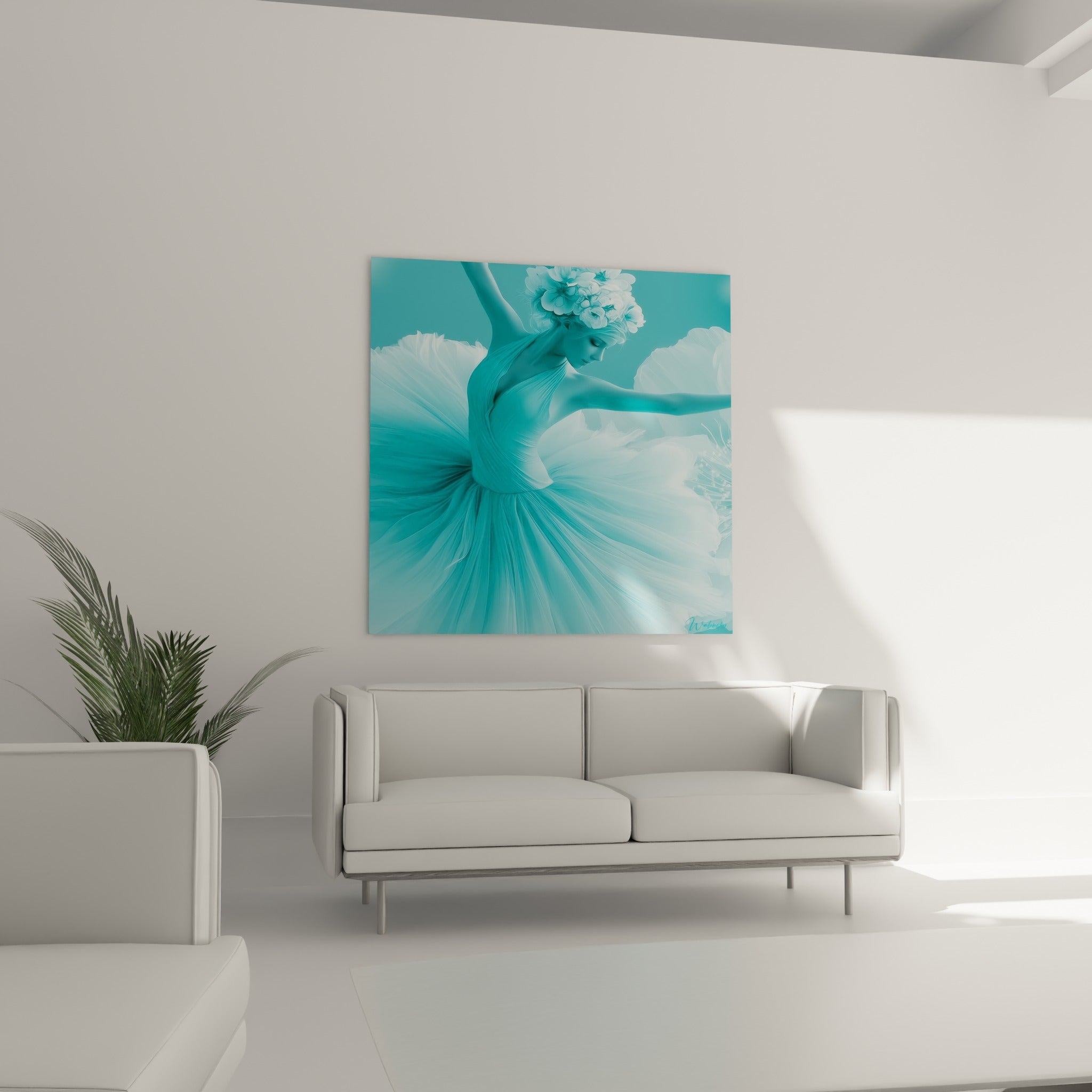 Silhouette gracieuse en tulle bleu pastel et fleurs immaculées, tableau danseuse abstrait au-dessus d'un canapé dans un salon lumineux