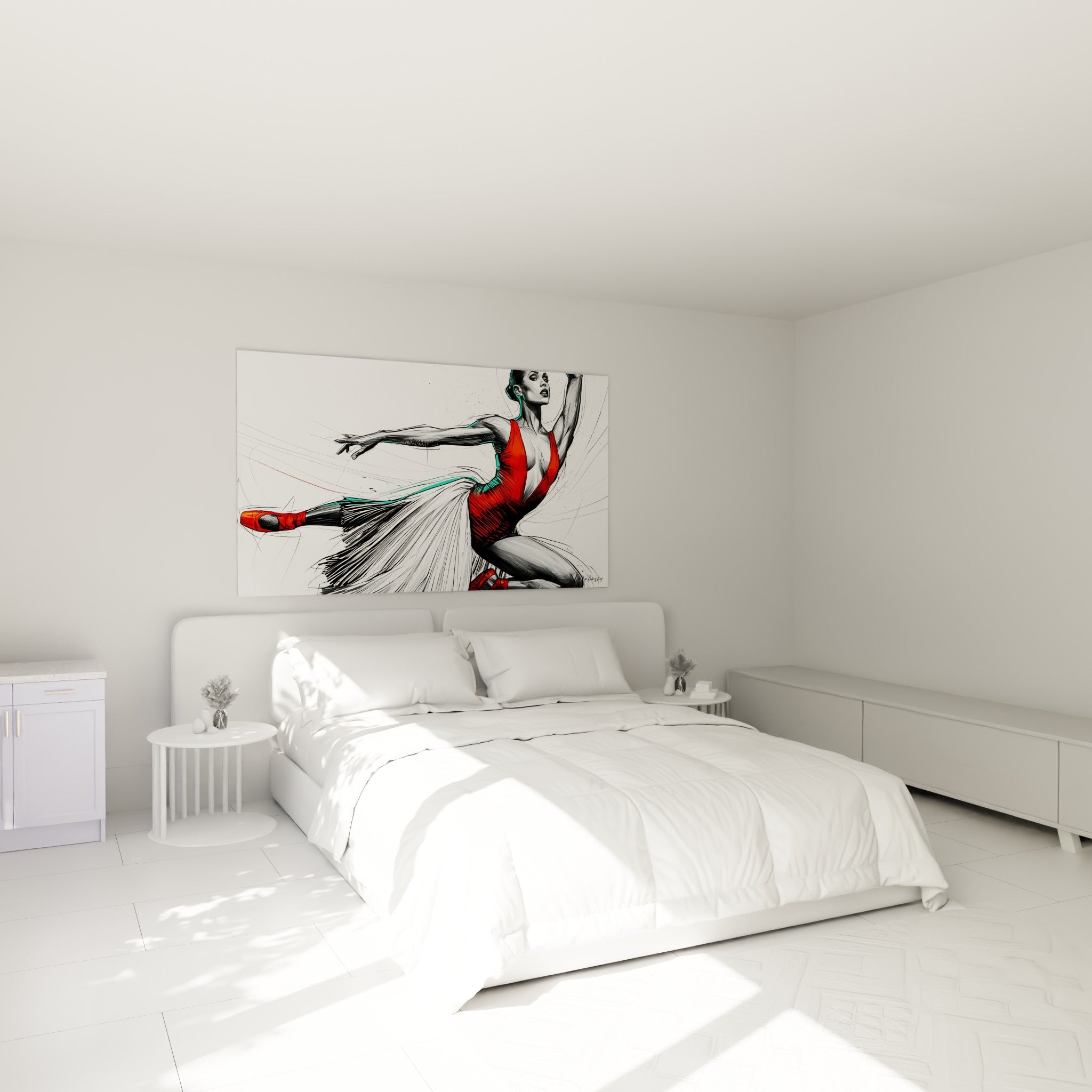 Ballerine esquissée en rouge et vert menthe, bras levé, accrochée au-dessus d'un lit dans une chambre claire