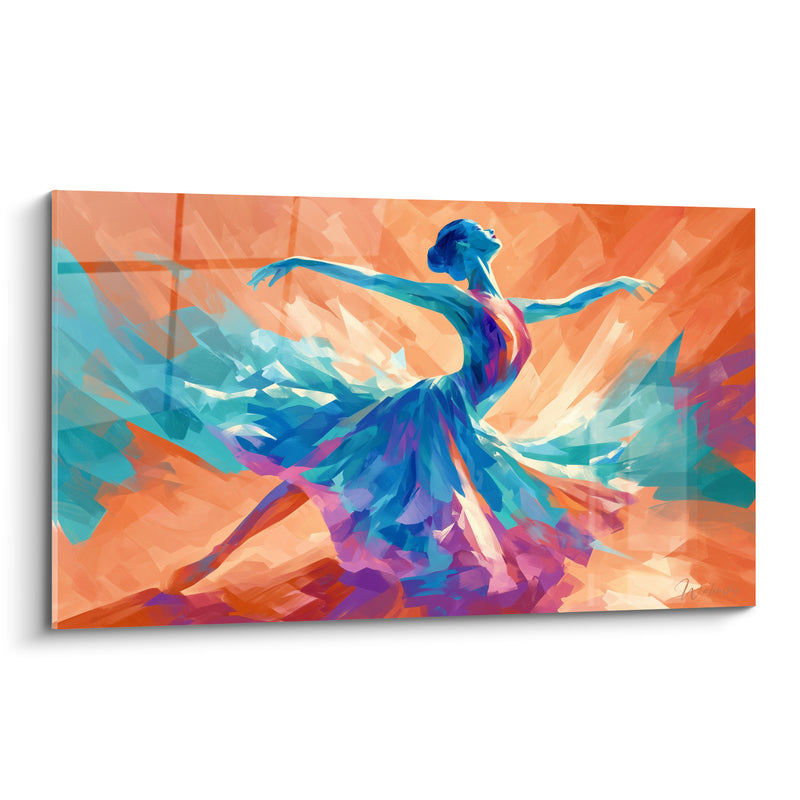 Tableau Danseuse robe turquoise et orange en cambrure - Jambe tendue au sol - Edition Danseuse abstrait