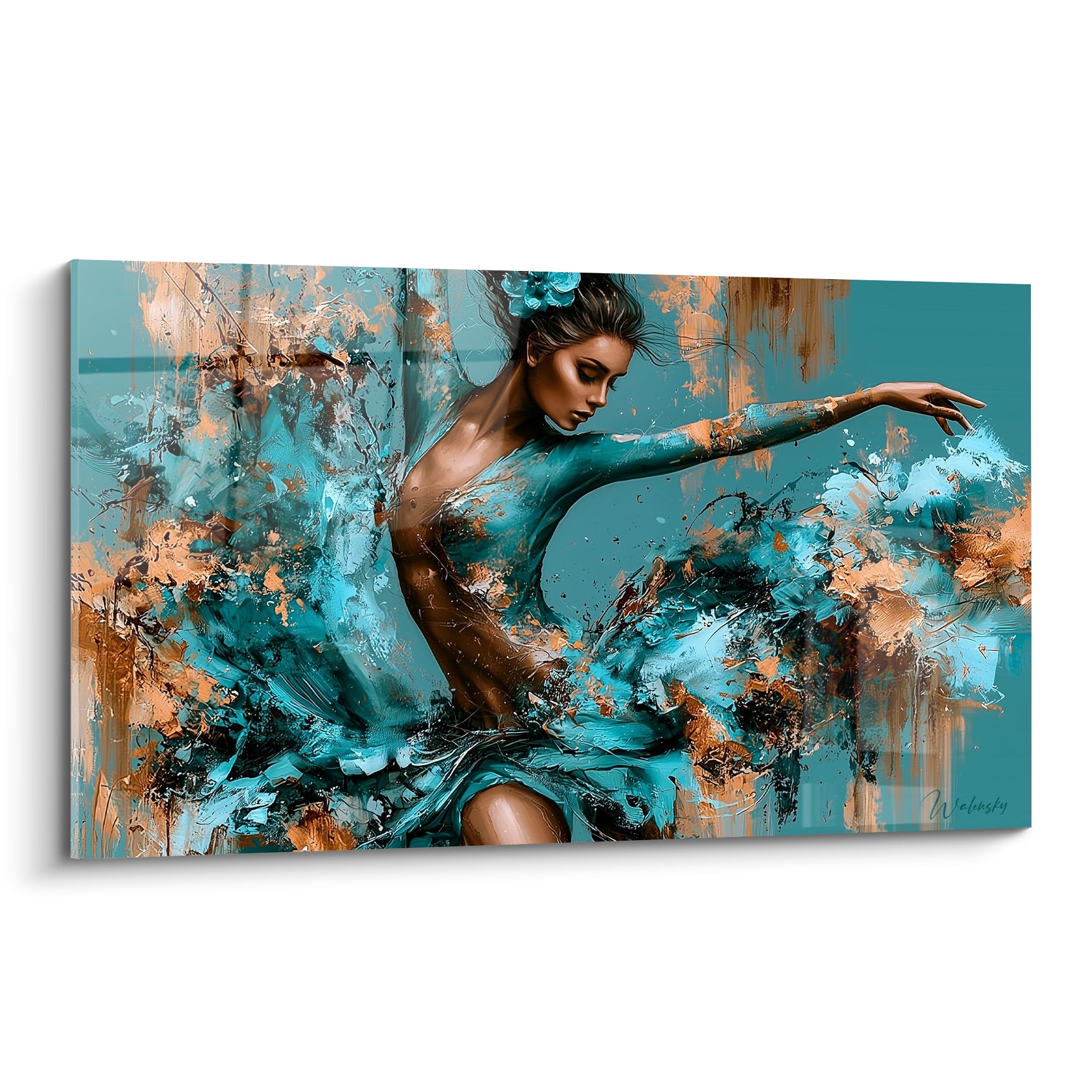 Danseuse abstraite en mouvement, tons turquoise et cuivre, jupe éclatée façon peinture liquide