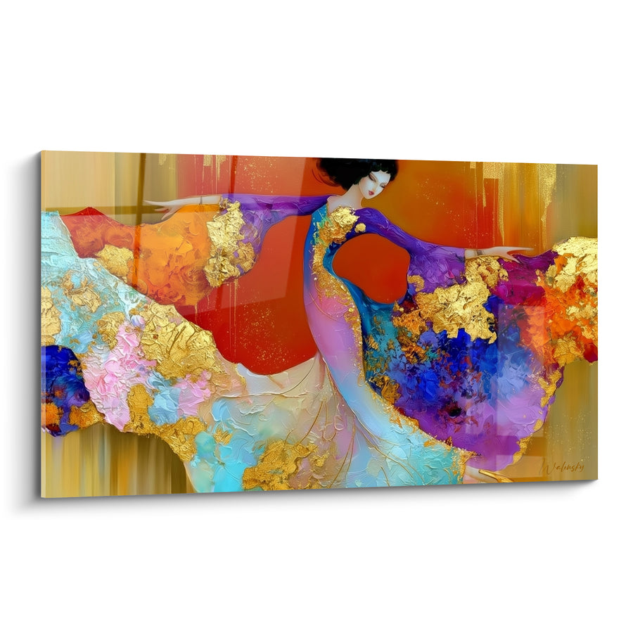 Tableau Danseuse aux voiles turquoise et dorés - Envol chromatique - Edition Danseuse abstrait