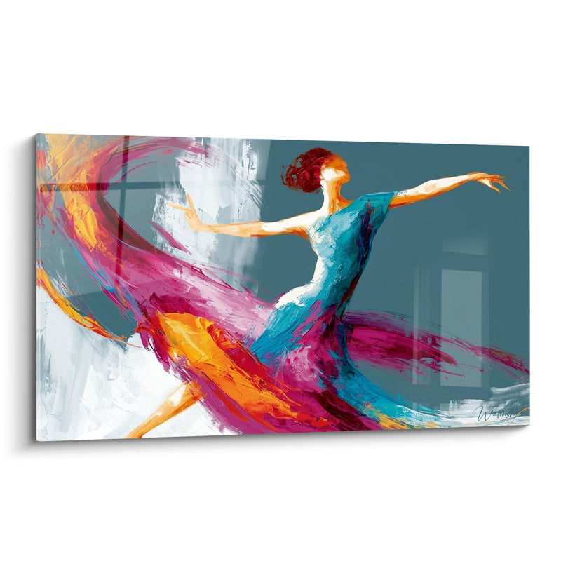 Tableau Danseuse robe turquoise et fuchsia bras écartés - Chevelure rousse ébouriffée - Edition Danseuse abstrait