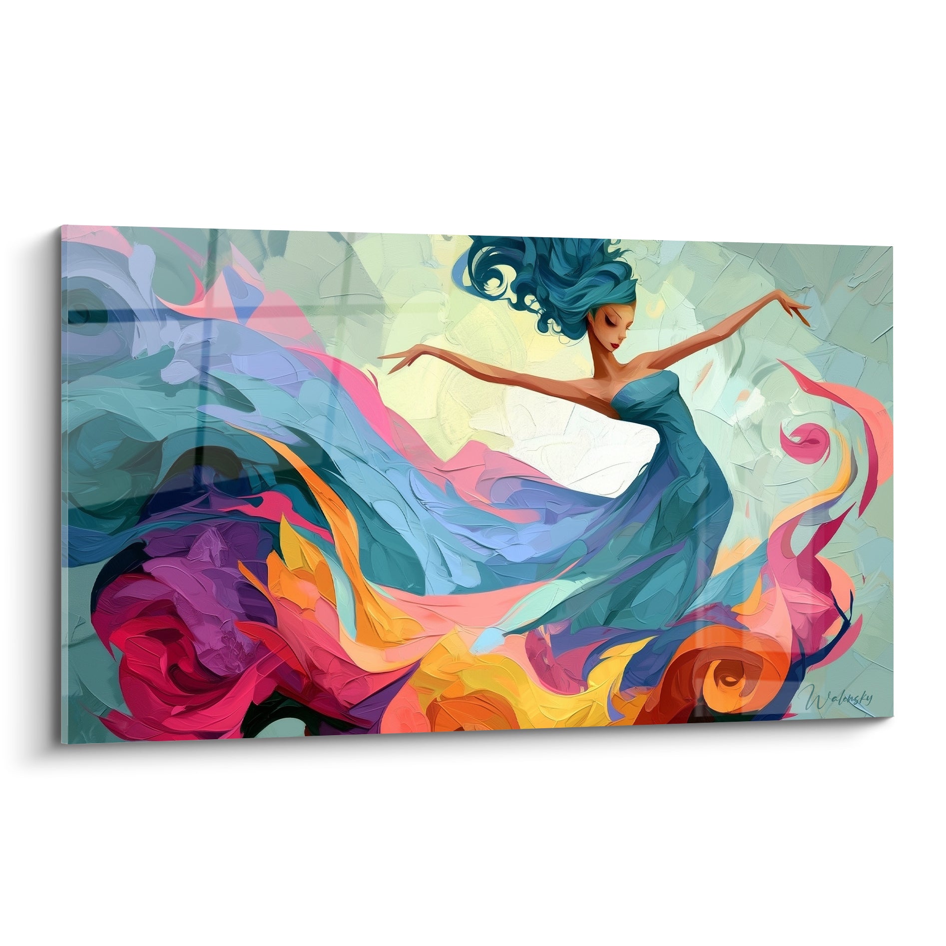 Danseuse abstraite aux cheveux turquoise et robe fuchsia dans un tourbillon de peinture expressive