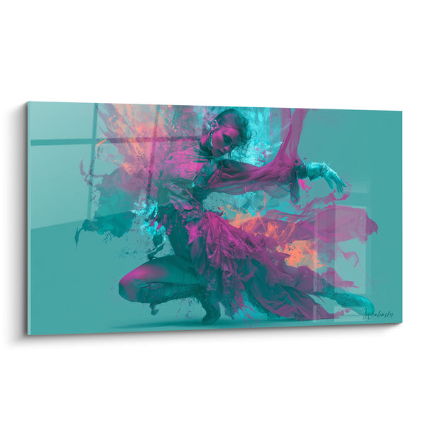 Turquoise and Magenta Dancer Painting - Crouching Dancer with Torn Veil - Folded Position on the Floor - Dancer Abstract Edition