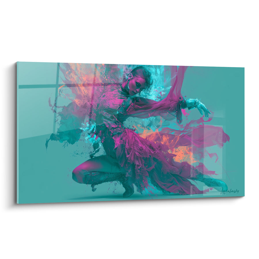 Tableau Danseuse turquoise et magenta accroupie voile déchiré - Position repliée au sol - Edition Danseuse abstrait