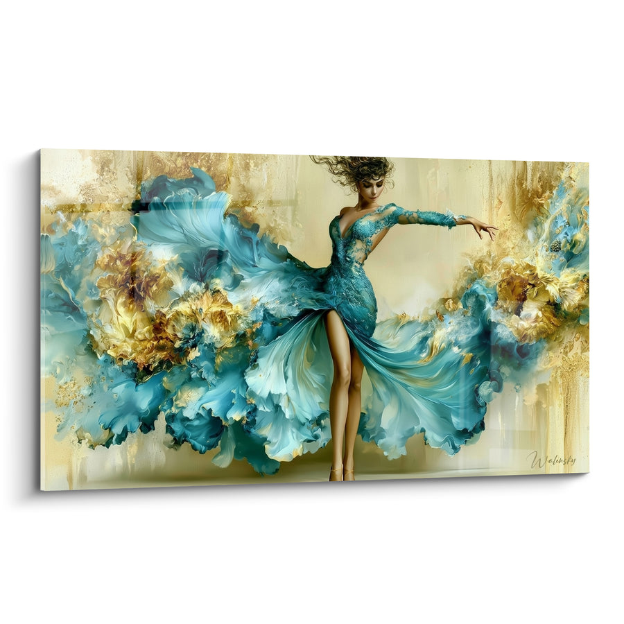 Tableau Danseuse robe turquoise et dorée jambe dévoilée - Chevelure brune au vent - Edition Danseuse abstrait