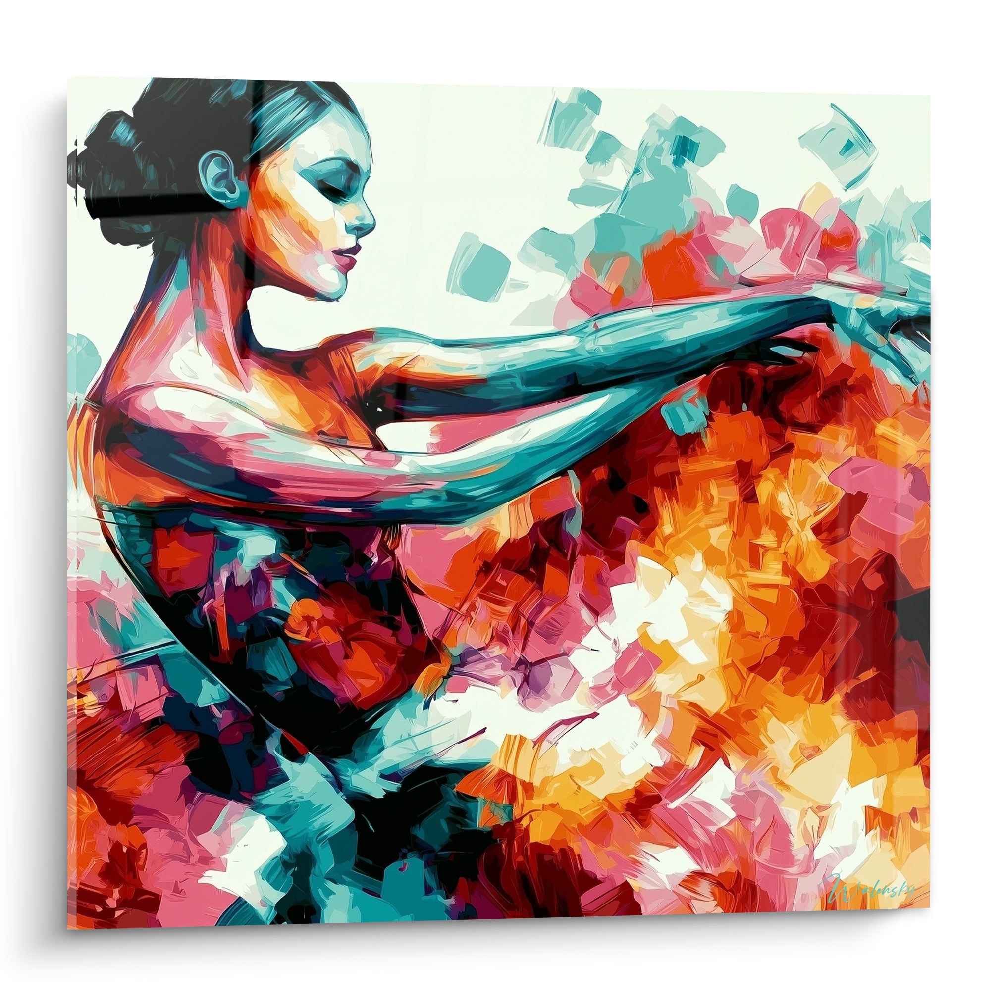 Danseuse abstraite au bras tendu, tons turquoise et orangé, geste peint avec intensité