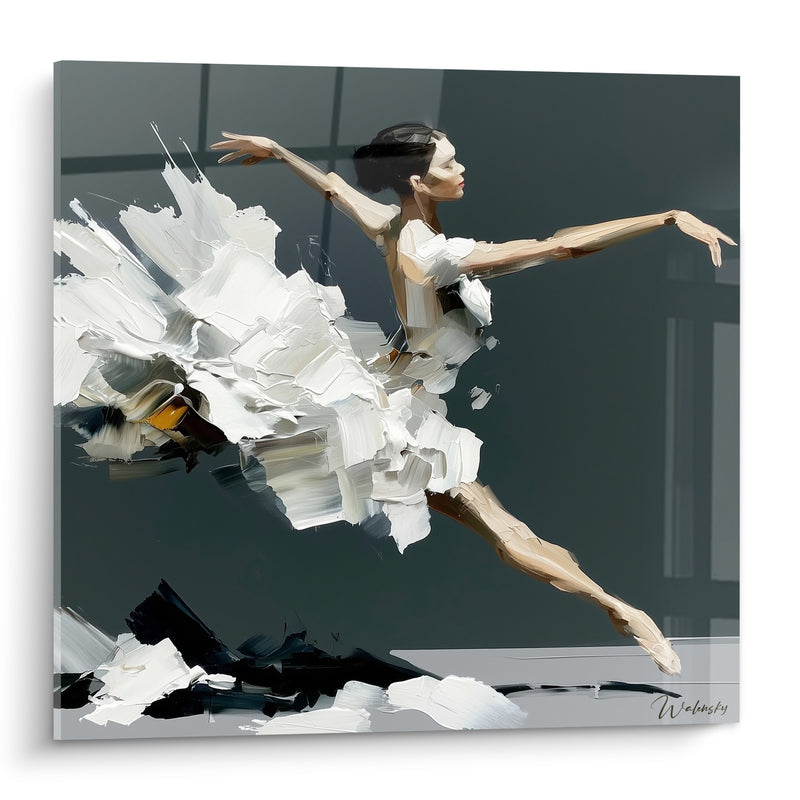 Tableau Danseuse tutu blanc et gris grand saut - Jambe tendue en extension - Edition Danseuse abstrait