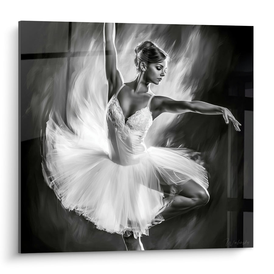 Tableau Ballerine tutu blanc et noir corsage brodé - Chignon strict de profil - Edition Danseuse abstrait