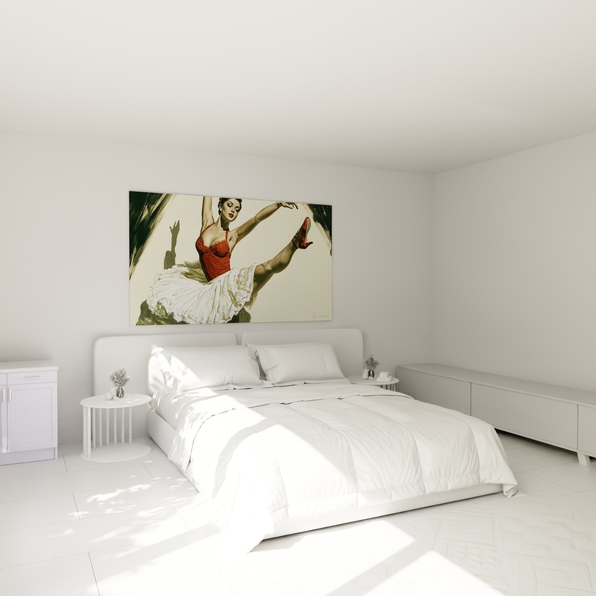 Ballerine rouge et blanc en pleine extension, au-dessus d'un lit dans une chambre claire