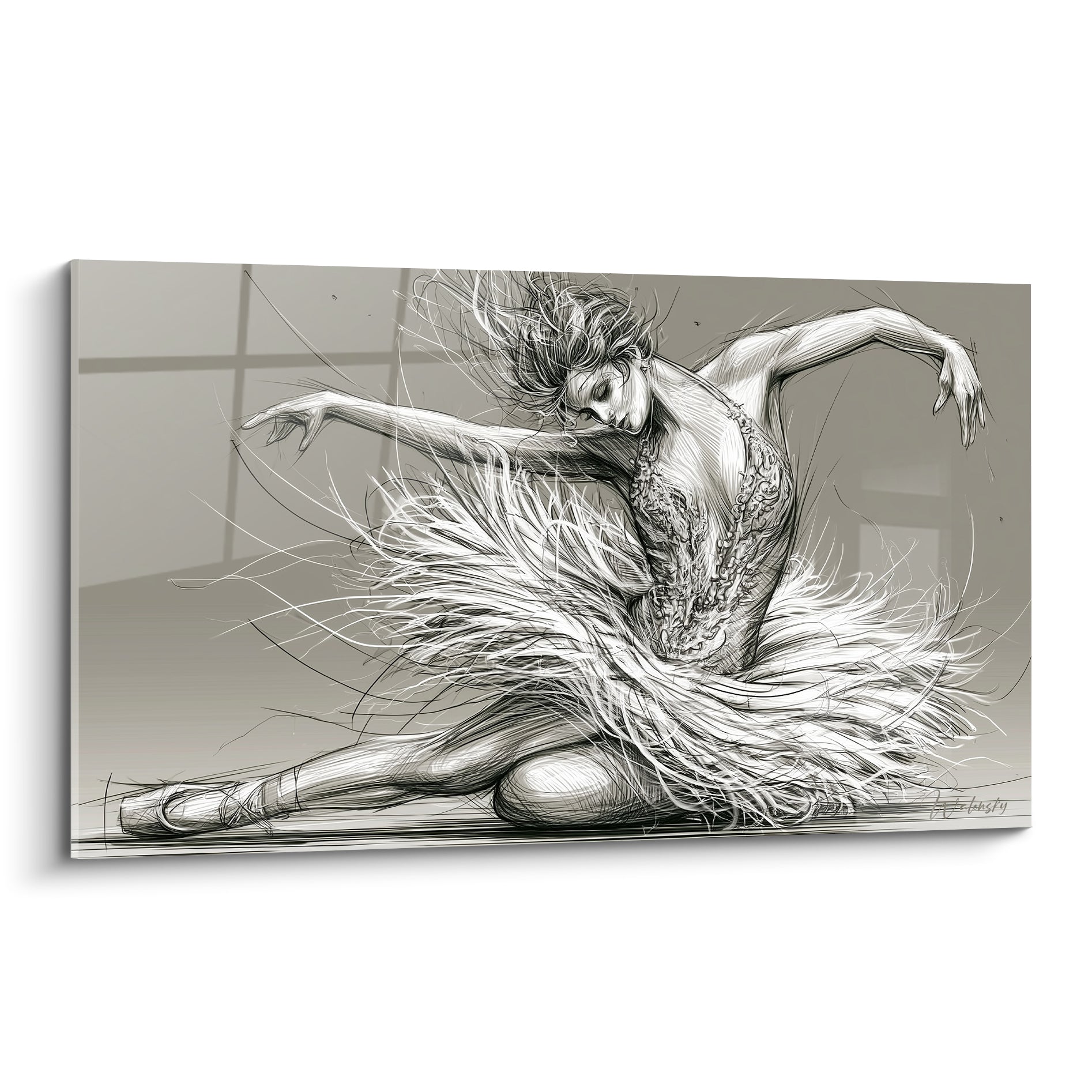 Danseuse abstrait au tutu blanc fibreux, esquisse grise, genou au sol, bras déployés