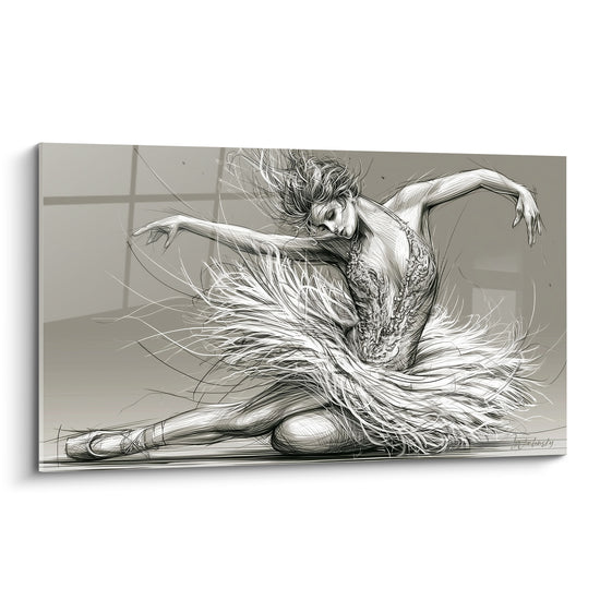 Danseuse abstrait au tutu blanc fibreux, esquisse grise, genou au sol, bras déployés
