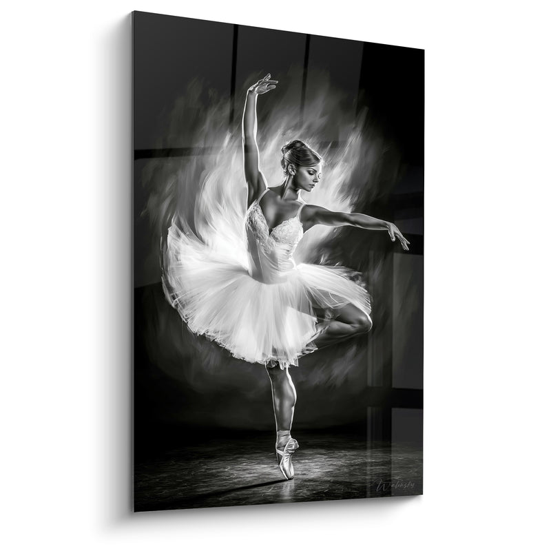 Tableau Danseuse tutu blanc et noir fumée diffuse - Pointes en équilibre - Edition Danseuse abstrait