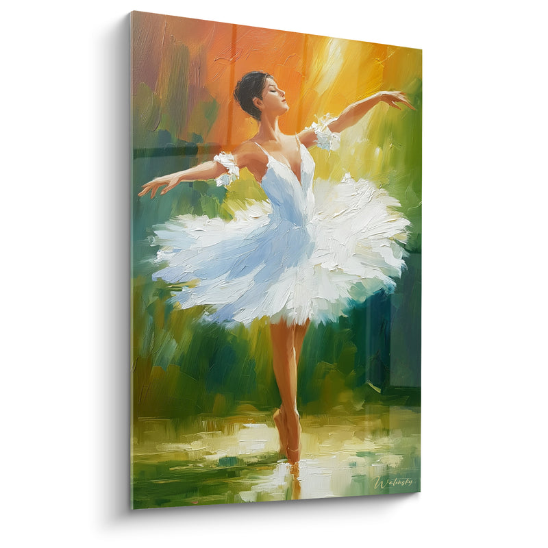 Tableau Ballerine tutu blanc et fond vert doré - Reflet au sol - Edition Danseuse abstrait