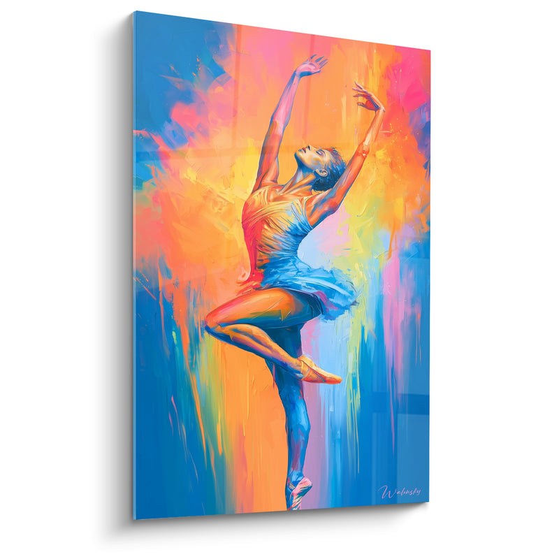 Tableau Danseuse tutu bleu et orange jambe repliée - Coulures verticales de peinture - Edition Danseuse abstrait