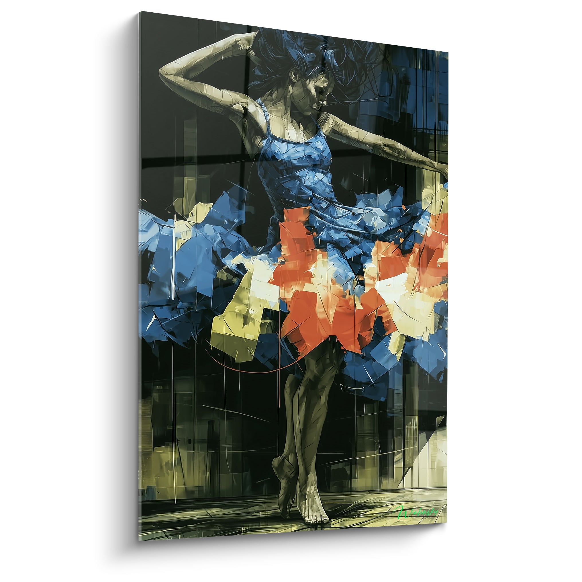 Danseuse abstraite sur pointes, jupe fragmentée en bleu marine et orange, fond anthracite structuré