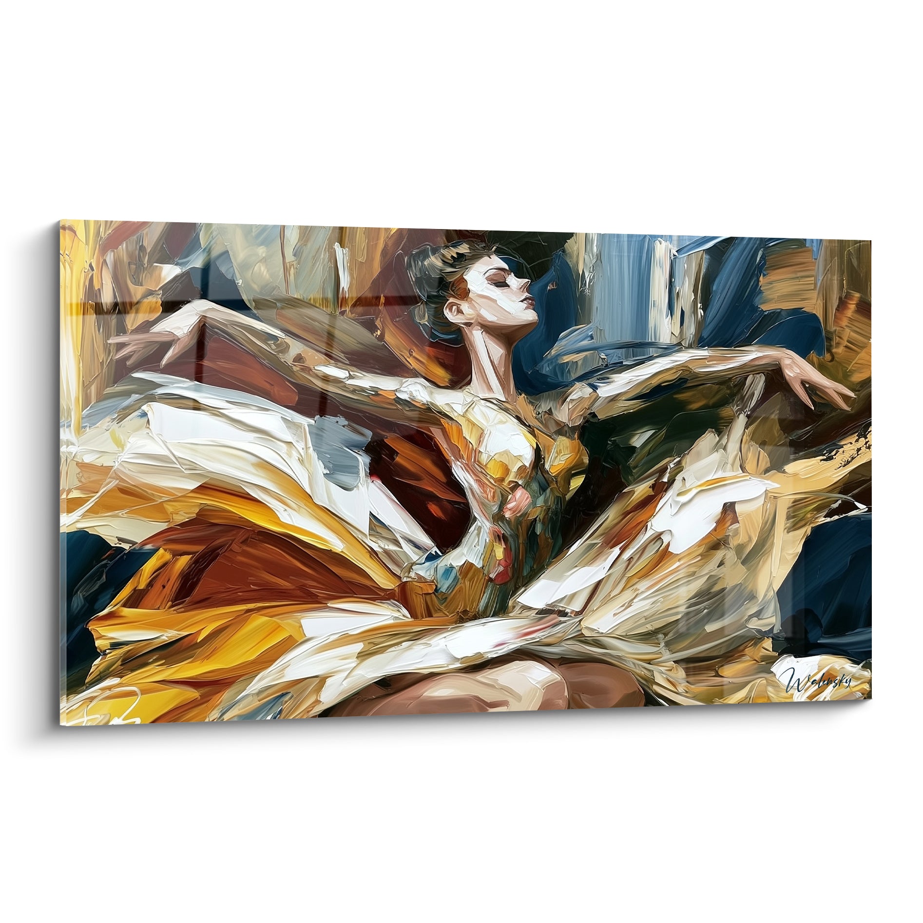 Danseuse abstrait au tutu doré déployé, contraste avec fond bleu marine, technique à la spatule expressive