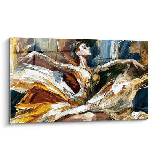 Danseuse abstrait au tutu doré déployé, contraste avec fond bleu marine, technique à la spatule expressive