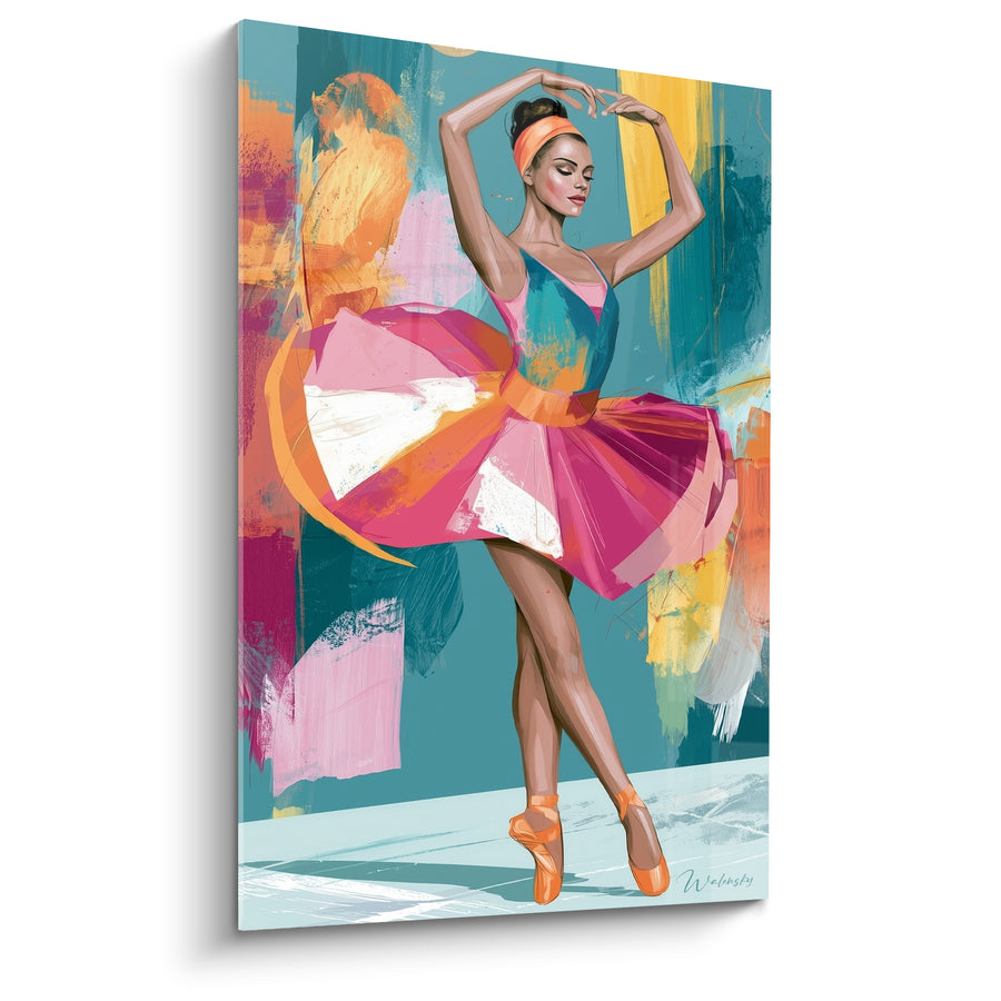 Tableau Danseuse tutu fuchsia et turquoise bandeau orange - Pointes croisées au sol - Edition Danseuse abstrait