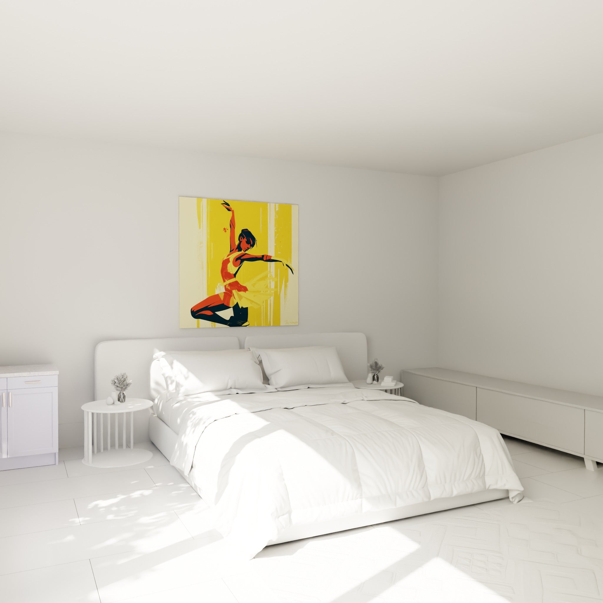 Silhouette en mouvement du tableau danseuse abstrait rouge et jaune au-dessus d'un lit dans une chambre claire