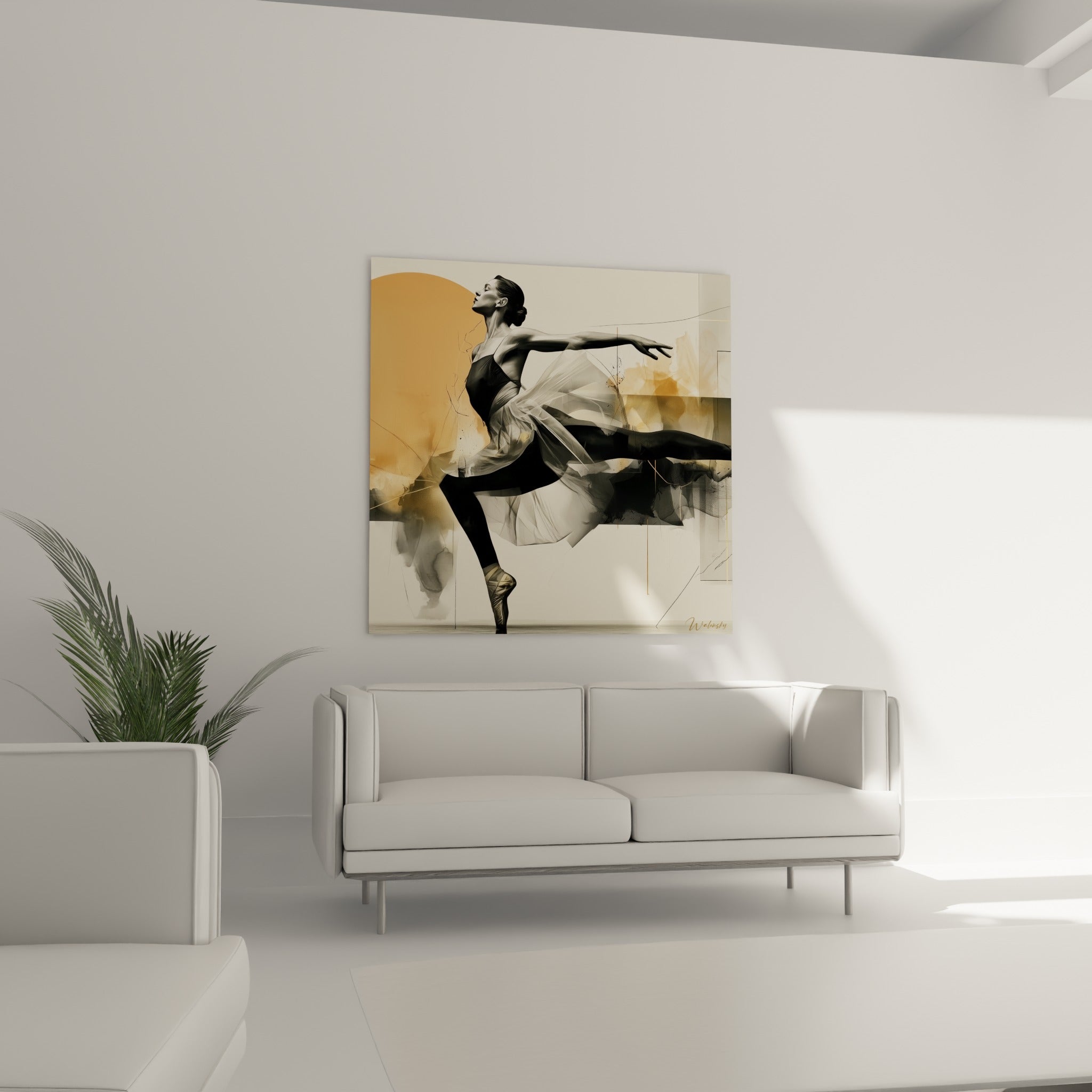 Ballerine en mouvement, corps noir et fond orangé abstrait, au-dessus d'un canapé dans un salon lumineux