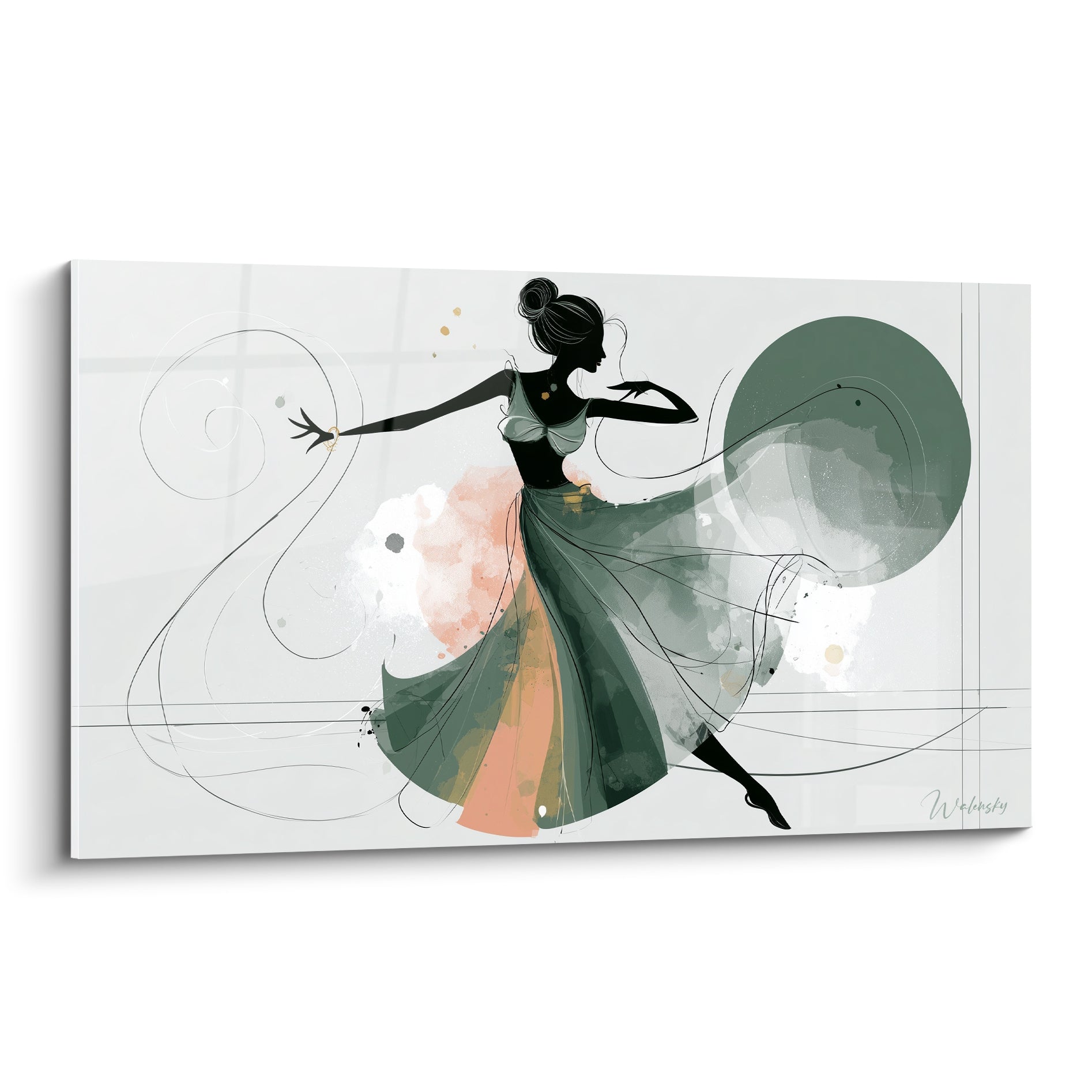 Danseuse abstrait en silhouette noire, jupe vert sauge et corail déployée, mouvement gracieux