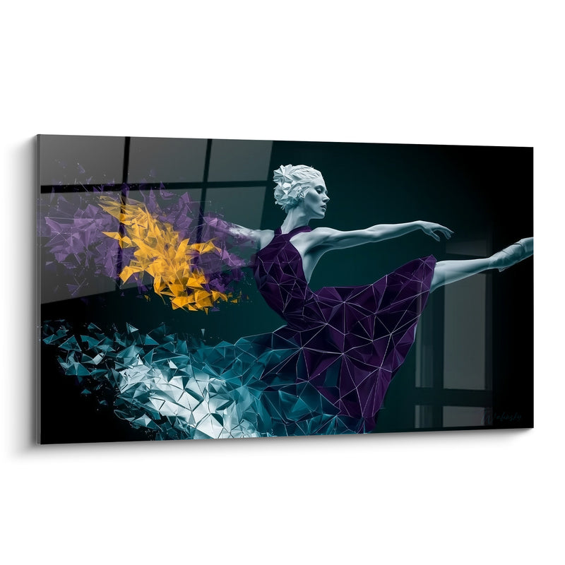 Tableau Robe violette et jaune éclats géométriques - Fenêtre à croisillons sombre - Edition Danseuse abstrait
