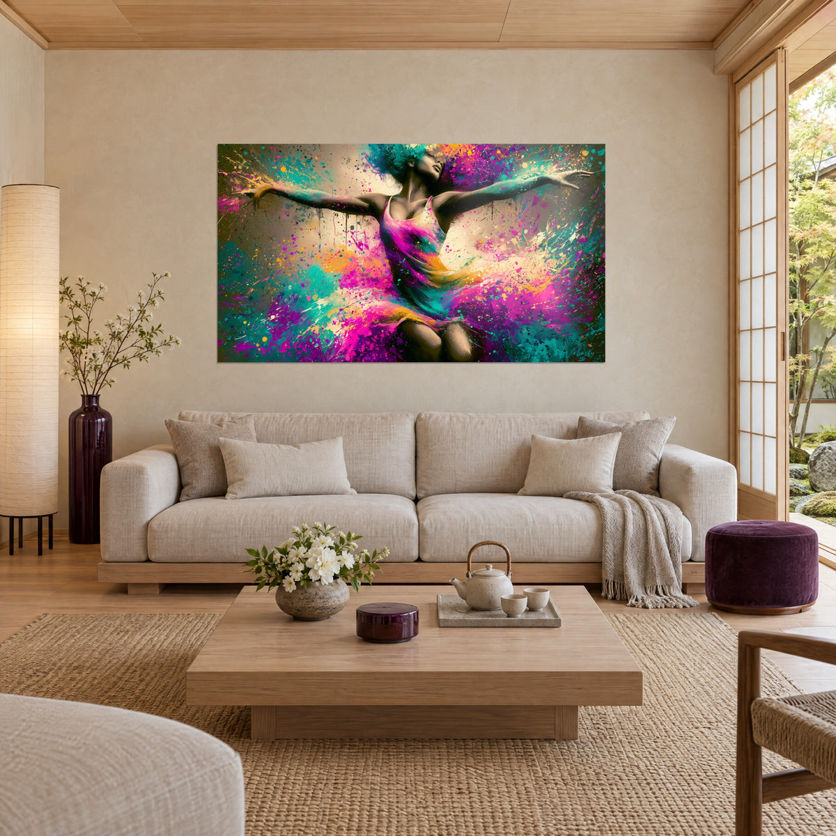 Tableau danseuse aux bras ouverts dans un nuage magenta et turquoise, éclaboussures jaunes, au-dessus d'un canapé dans un salon lumineux