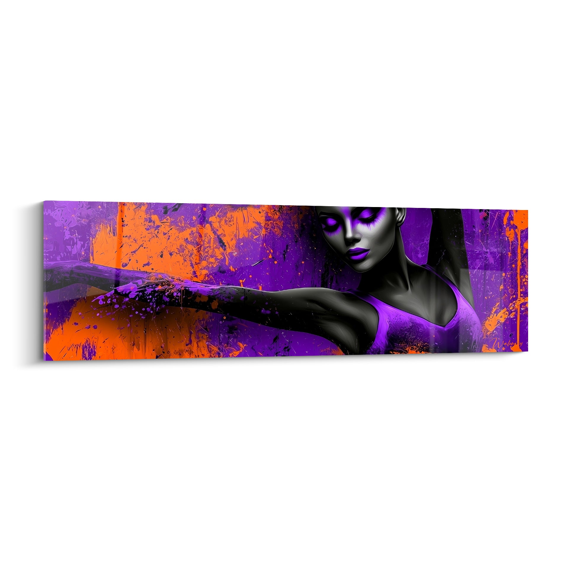 Danseuse abstraite aux couleurs violettes et orange, bras tendu, éclaboussures vives et geste figé