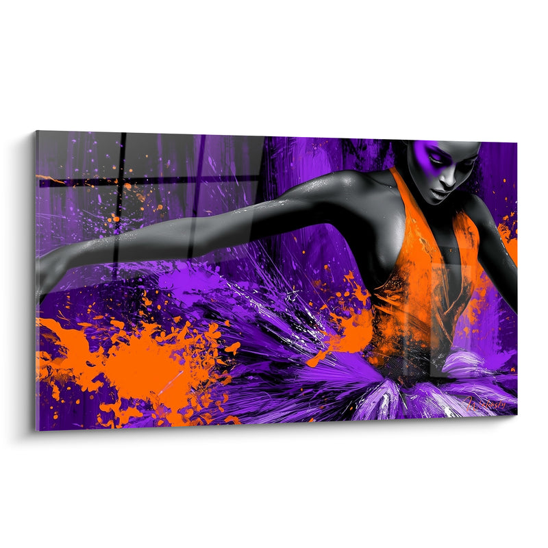 Tableau Danseuse peau grise et robe orange éclaboussée violet - Bras tendu horizontal - Edition Danseuse abstrait