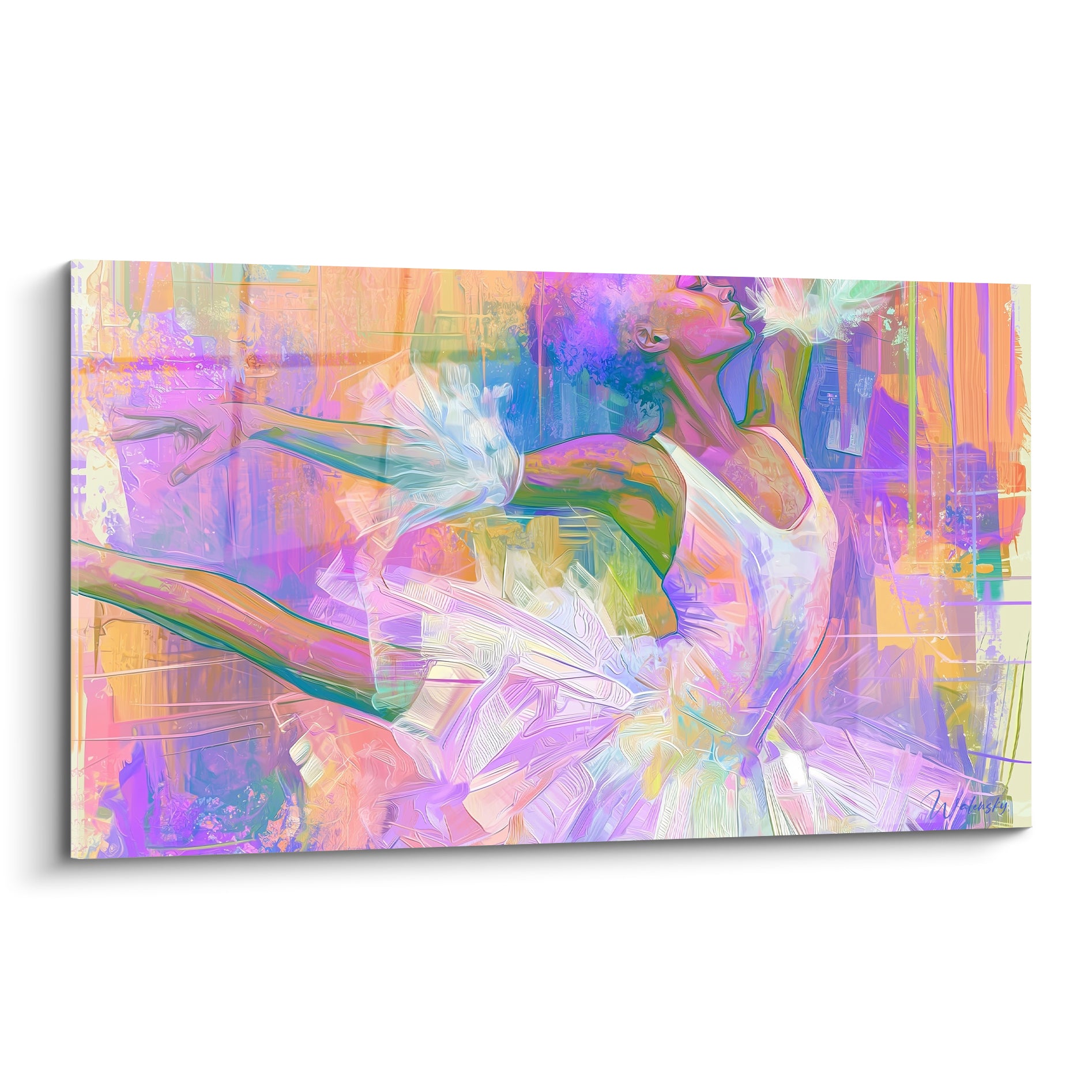 Danseuse abstrait cambrée en violet et orange, bras tendu, tutu blanc texturé, style pictural vibrant