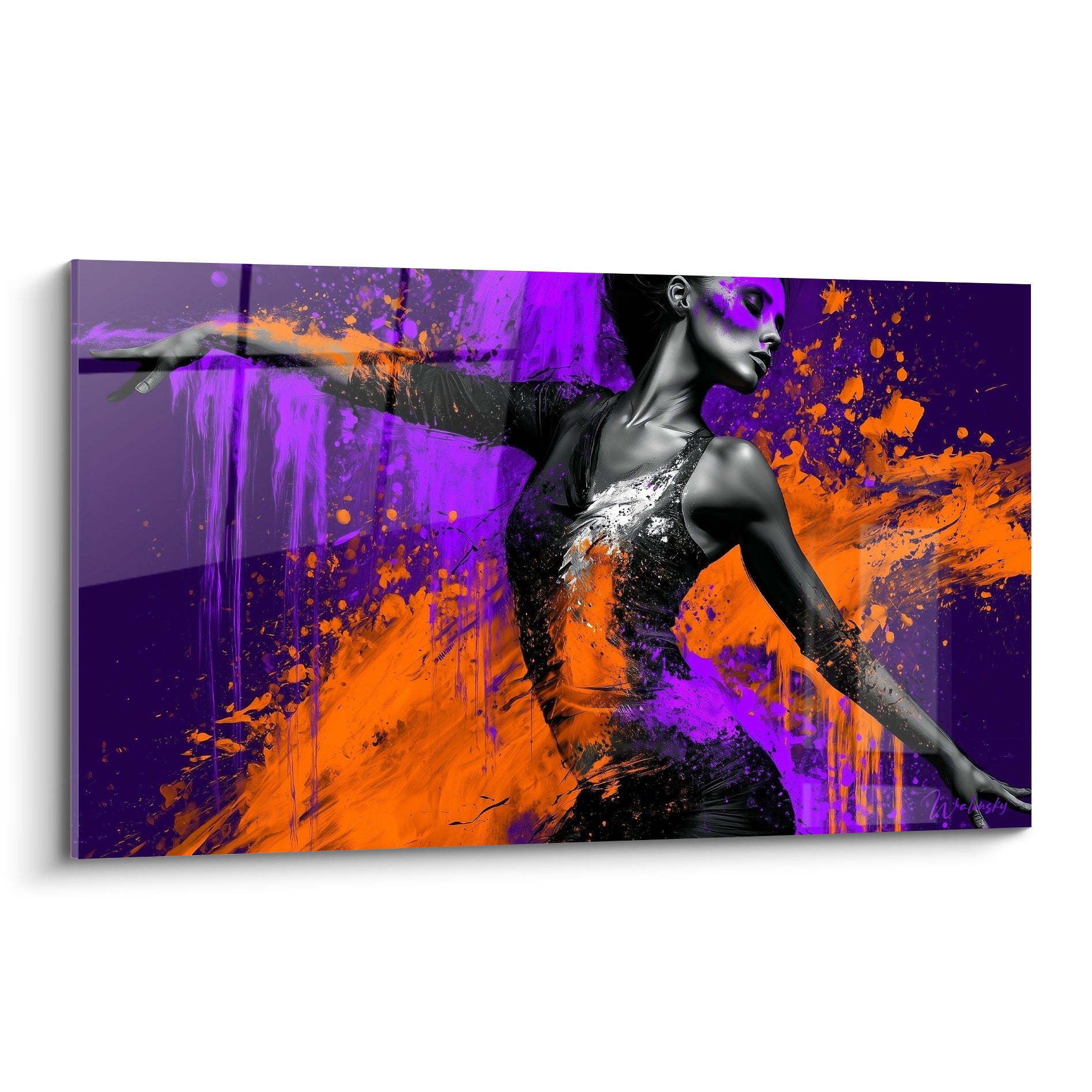 Danseuse abstrait aux bras déployés, contraste violet et orange, éclaboussures de peinture dynamiques