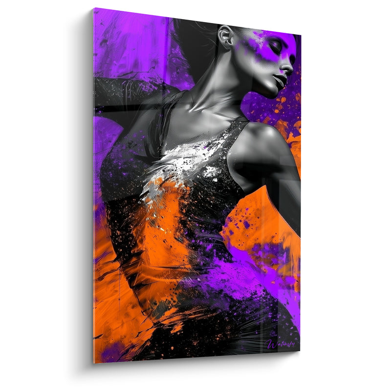Tableau Danseuse robe violette et orange éclaboussée - Visage aux paupières closes - Edition Danseuse abstrait